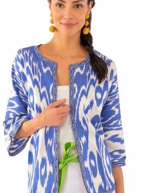 Gretchen Scott Blue and White Ikat Silk Blend Jacket XL